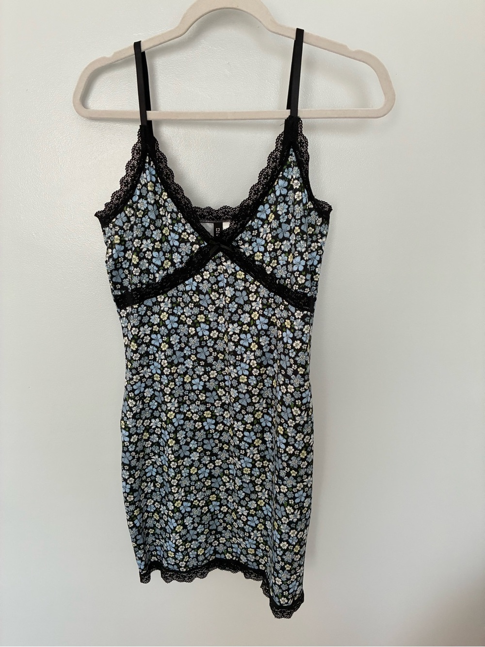 H&M Black Floral Lace-Trim Slip with Blue and White Blooms